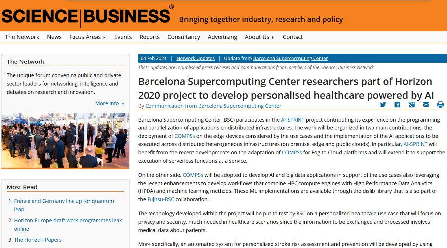Barcelona Supercomputing Center researchers part of Horizon 2020 project to develop personalised healthcare powered by AI