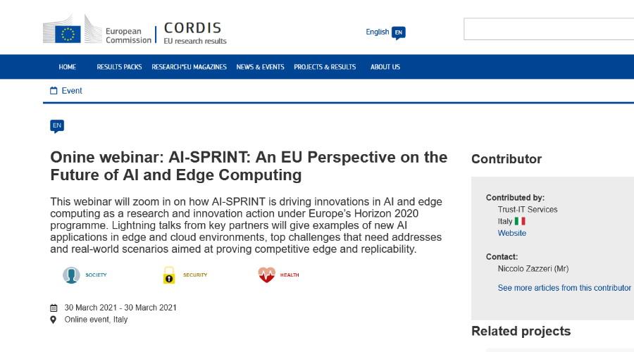 Onine webinar: AI-SPRINT: An EU Perspective on the Future of AI and Edge Computing